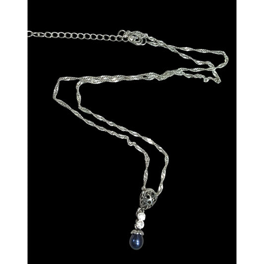 Elegant Whimsical Silver Tone Pendant Necklace With Dark Blue Faux Pearl