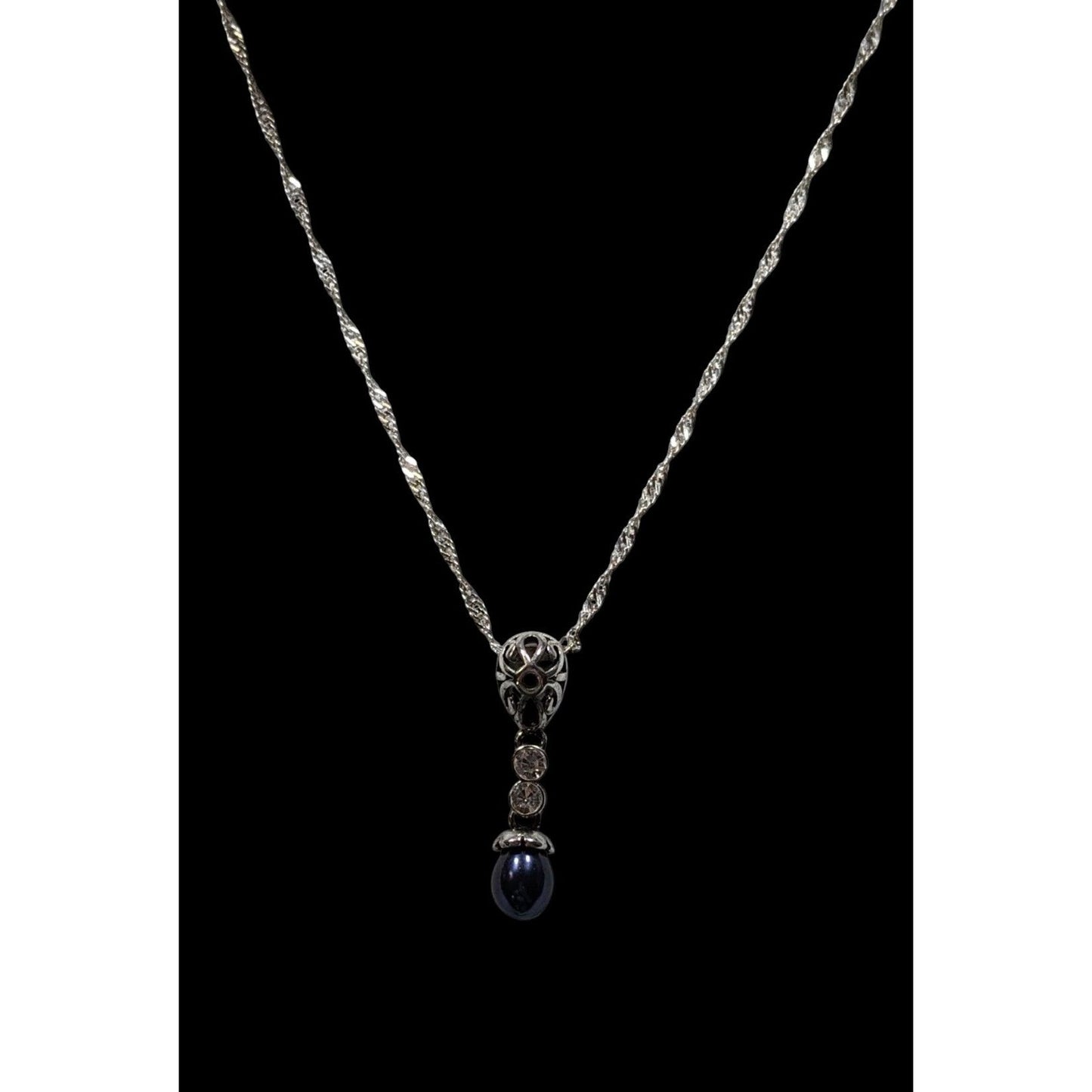 Elegant Whimsical Silver Tone Pendant Necklace With Dark Blue Faux Pearl