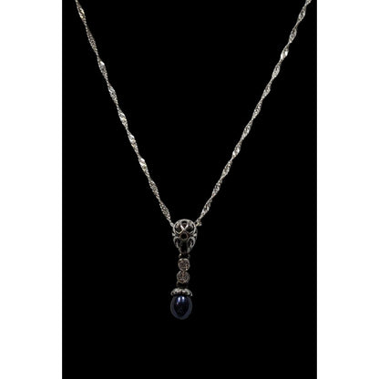 Elegant Whimsical Silver Tone Pendant Necklace With Dark Blue Faux Pearl