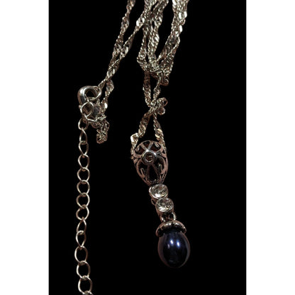 Elegant Whimsical Silver Tone Pendant Necklace With Dark Blue Faux Pearl