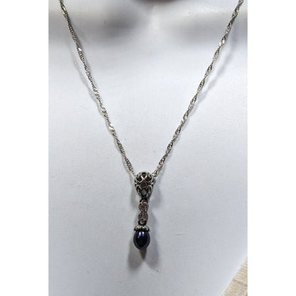 Elegant Whimsical Silver Tone Pendant Necklace With Dark Blue Faux Pearl