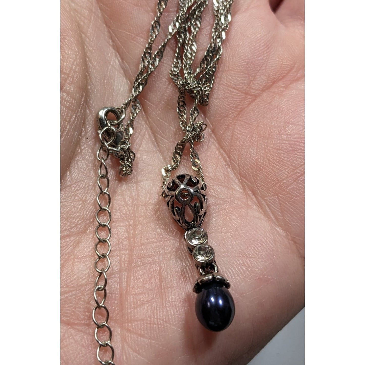 Elegant Whimsical Silver Tone Pendant Necklace With Dark Blue Faux Pearl