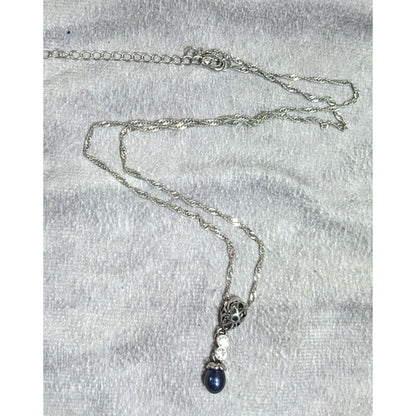 Elegant Whimsical Silver Tone Pendant Necklace With Dark Blue Faux Pearl