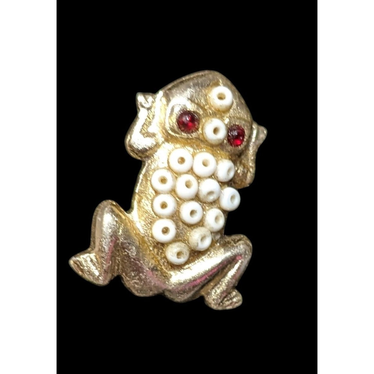 Vintage Beaded Gold Tone Metal Frog Brooch Made In Hong Kong