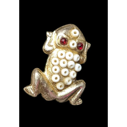 Vintage Beaded Gold Tone Metal Frog Brooch Made In Hong Kong