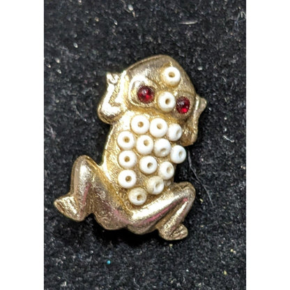 Vintage Beaded Gold Tone Metal Frog Brooch Made In Hong Kong