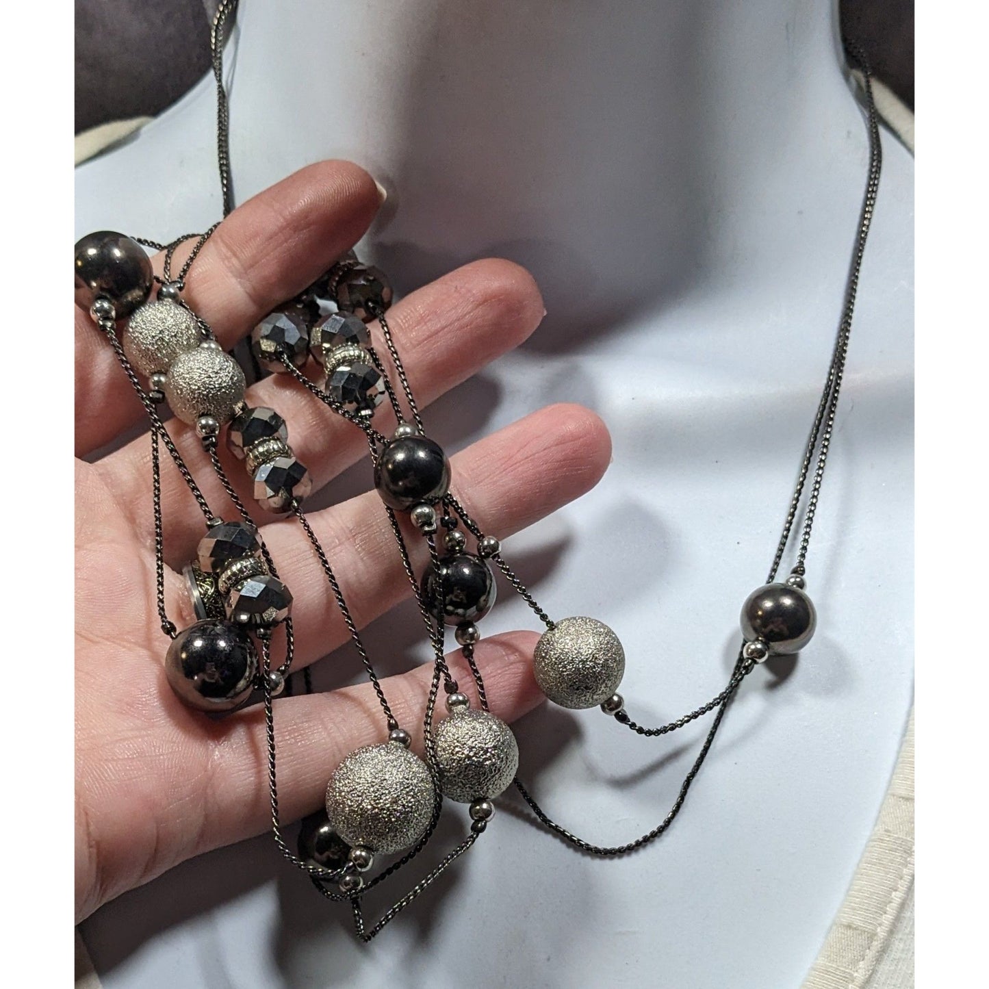 Glam Goth Layered Station Necklace Black And Silver Tone Beads