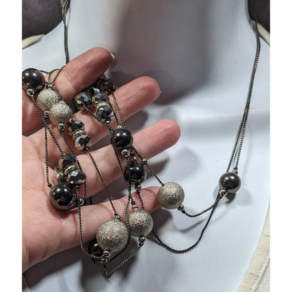 Glam Goth Layered Station Necklace Black And Silver Tone Beads