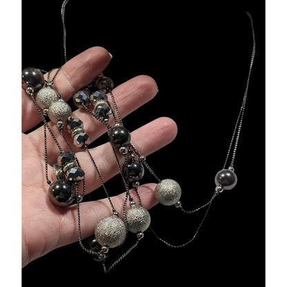 Glam Goth Layered Station Necklace Black And Silver Tone Beads