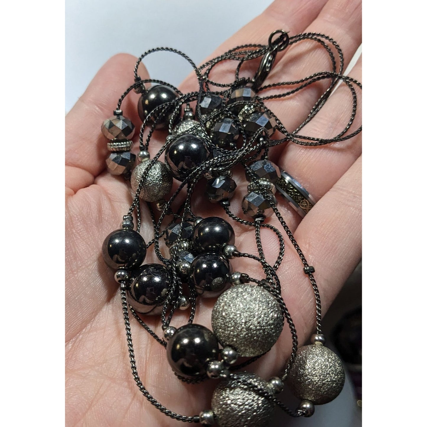 Glam Goth Layered Station Necklace Black And Silver Tone Beads