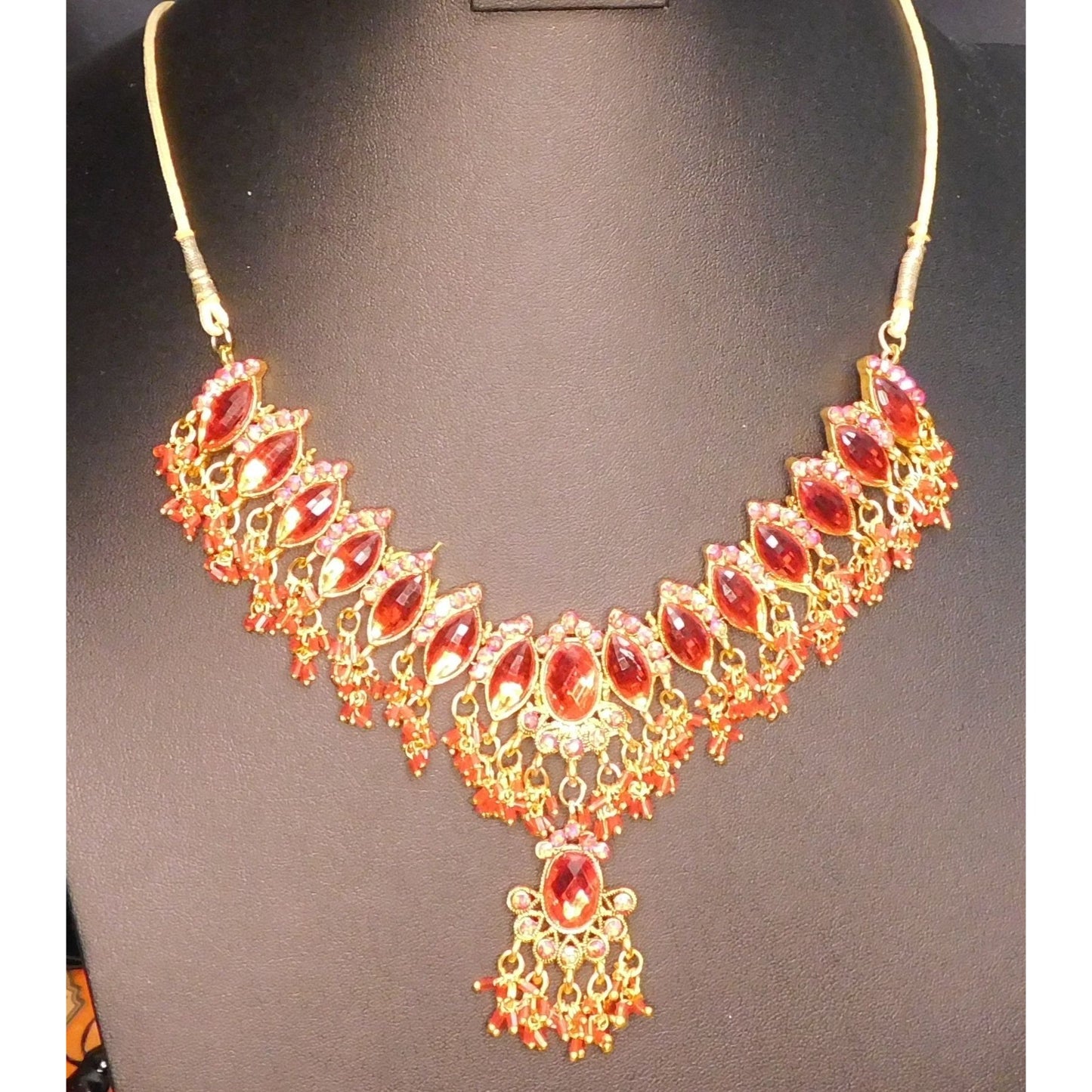 Indian Bridal Necklace Red Gem On Gold Tone Metal And Cord