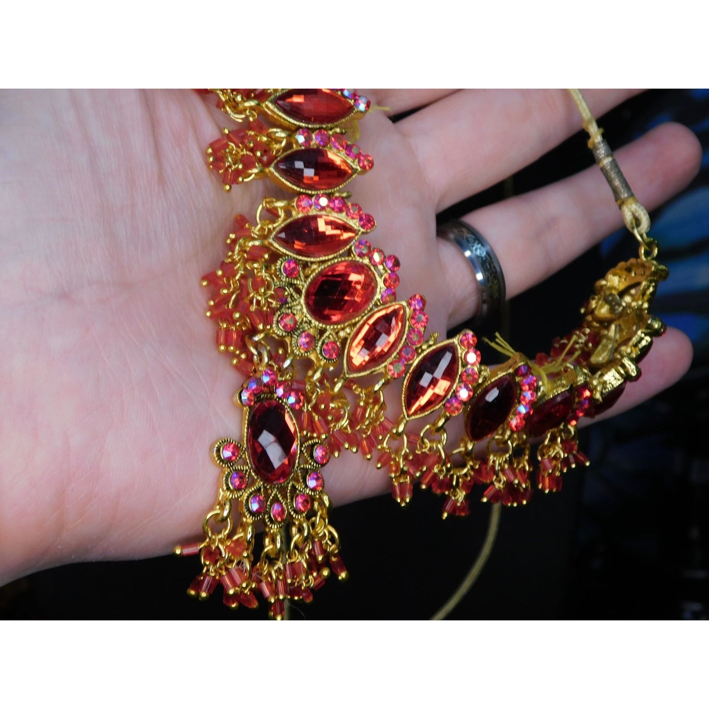 Indian Bridal Necklace Red Gem On Gold Tone Metal And Cord