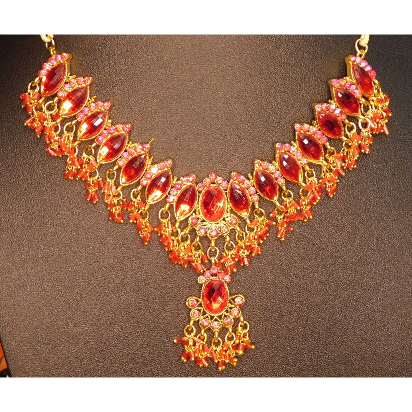 Indian Bridal Necklace Red Gem On Gold Tone Metal And Cord