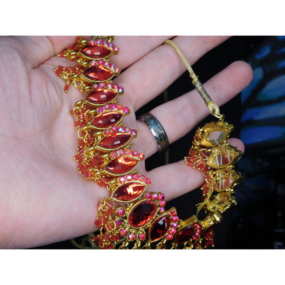 Indian Bridal Necklace Red Gem On Gold Tone Metal And Cord