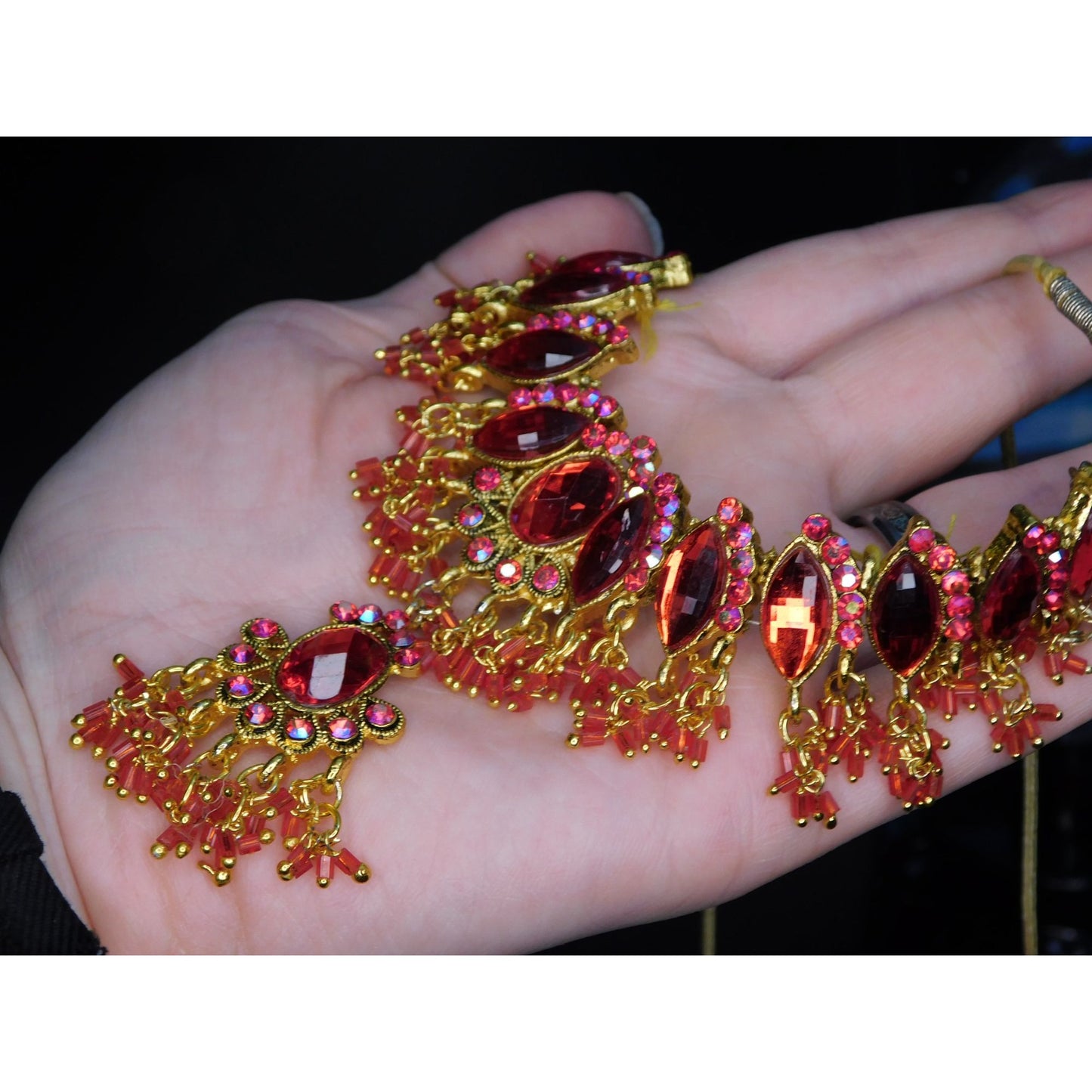 Indian Bridal Necklace Red Gem On Gold Tone Metal And Cord