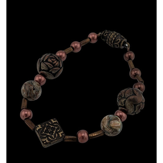 Rustic Handmade Beaded Faux Pearl Metal And Stone Bracelet