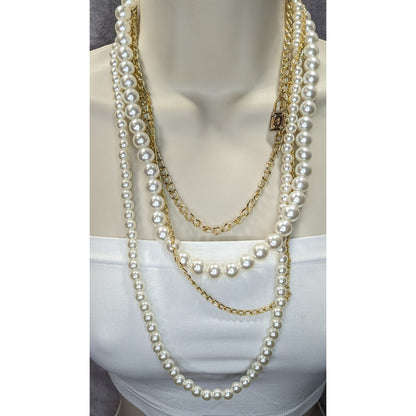 Elegant Glam Layered Gold Chain & Faux Pearl Necklace With Padlock Charm