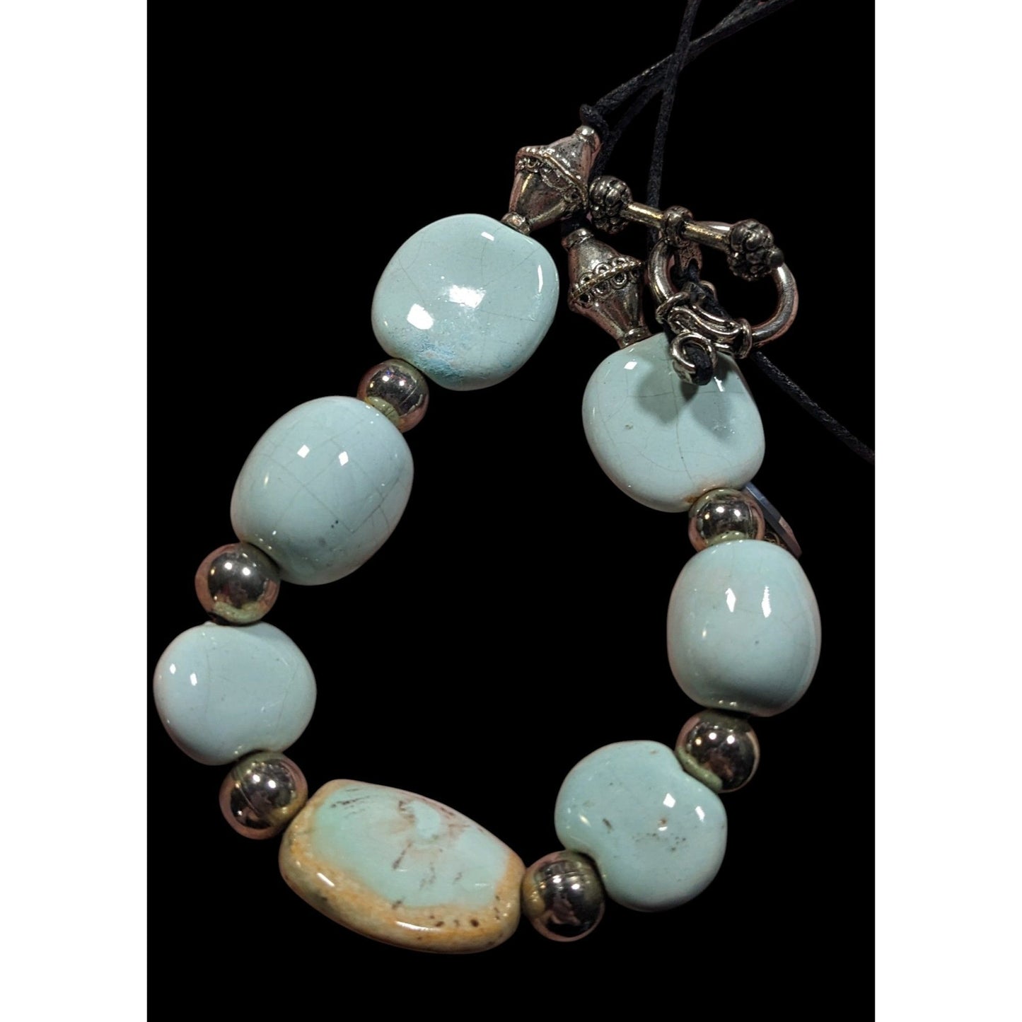 Handmade Light Blue Ceramic Beaded Necklace With Silver Tone Accents