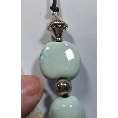 Handmade Light Blue Ceramic Beaded Necklace With Silver Tone Accents