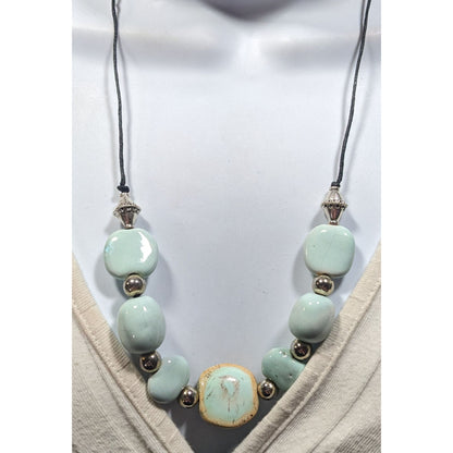 Handmade Light Blue Ceramic Beaded Necklace With Silver Tone Accents