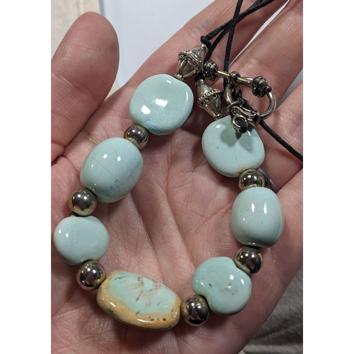Handmade Light Blue Ceramic Beaded Necklace With Silver Tone Accents
