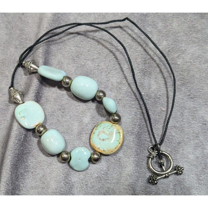 Handmade Light Blue Ceramic Beaded Necklace With Silver Tone Accents