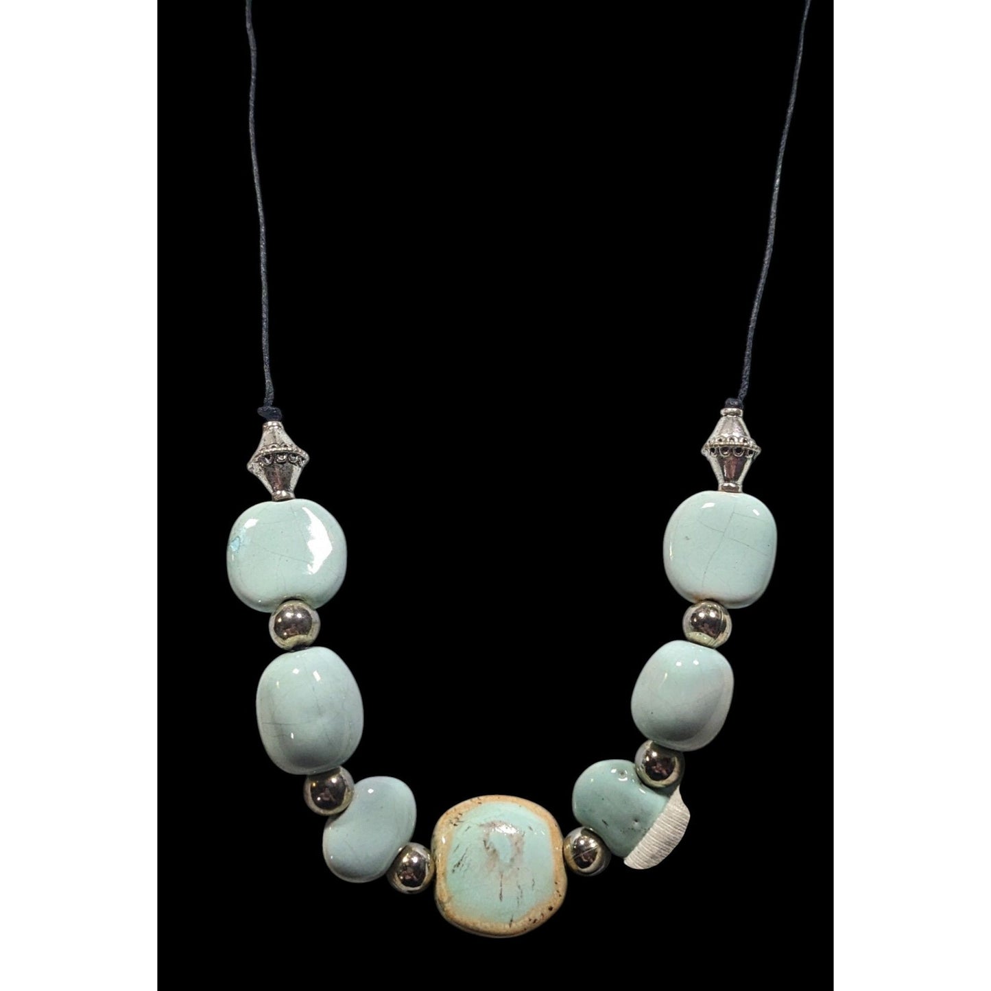 Handmade Light Blue Ceramic Beaded Necklace With Silver Tone Accents