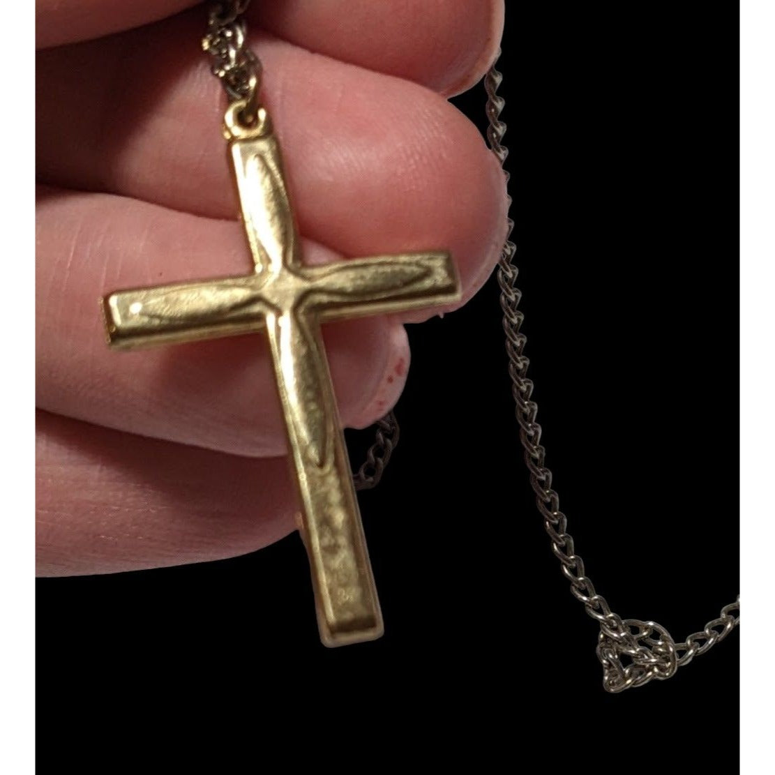 Gold Puffed Embossed Long Cross Necklace