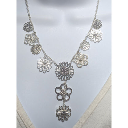 60s Style Silver Floral Lariat Necklace