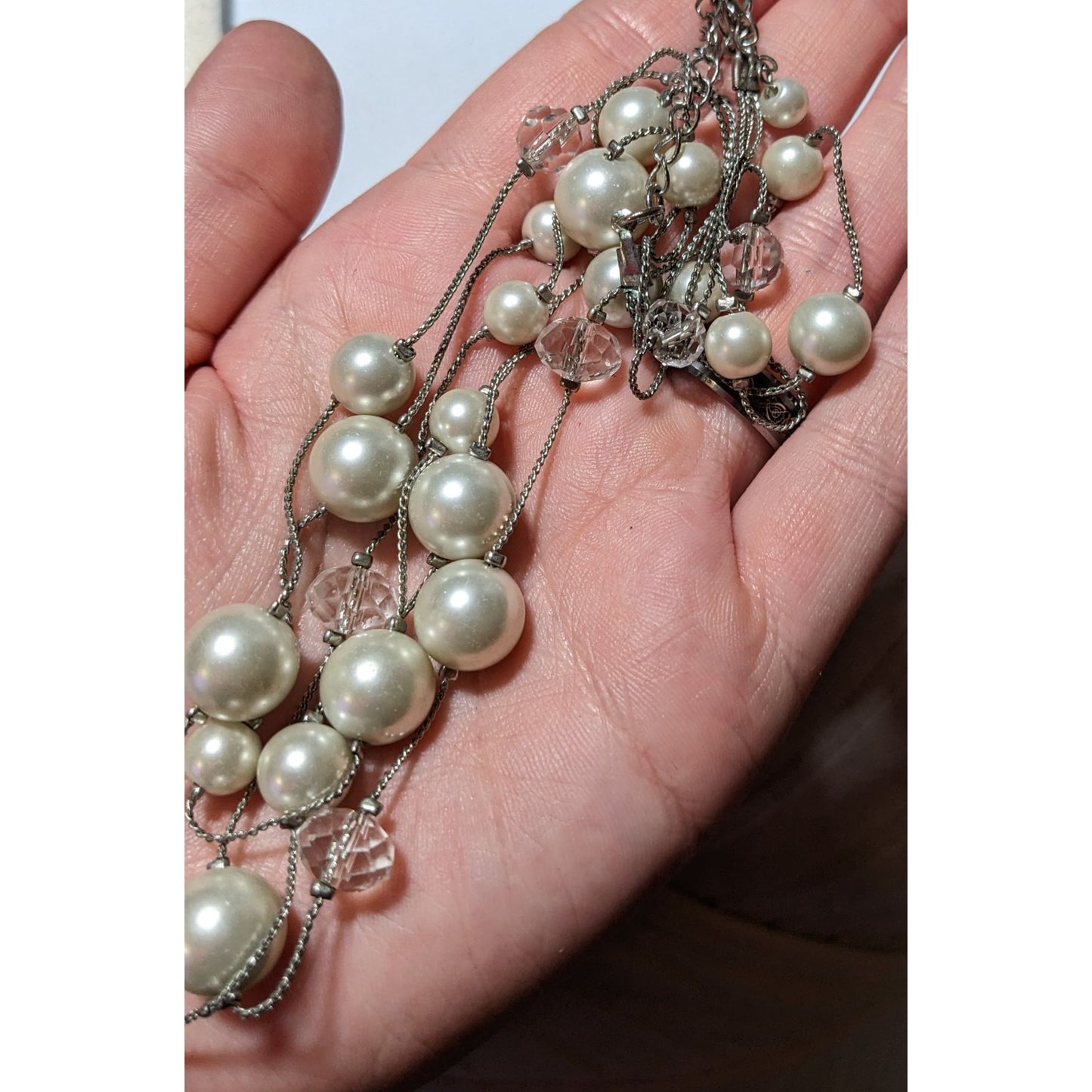 Silver Faux Pearl Multilayer Beaded Floating Necklace