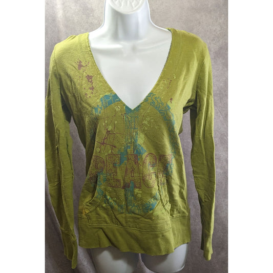Mudd Retro Vintage Green Hoodie Sweatshirt Peace Graphic V-Neck Medium 100% Cotton