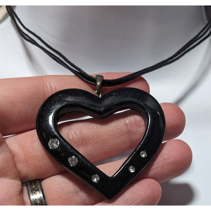 Glam Goth Open Heart Black Pendant Necklace