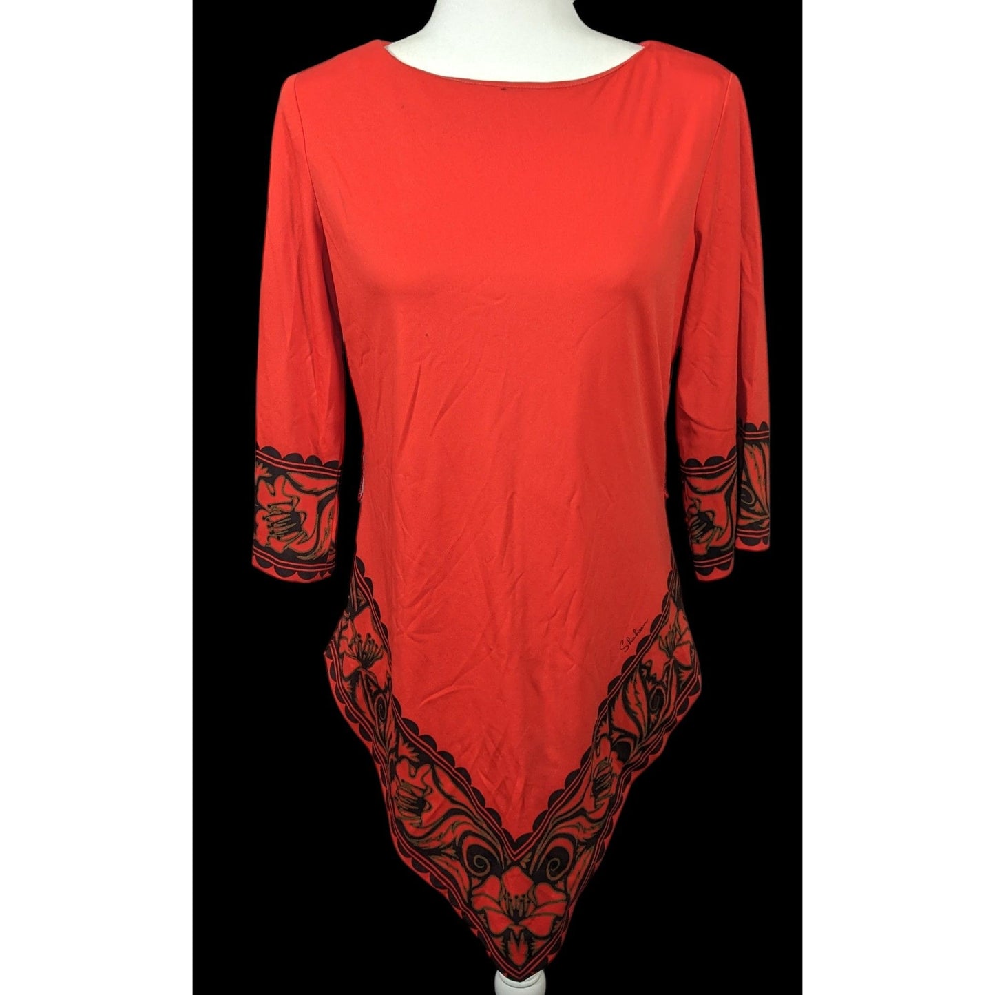 Vintage 70s Miss Shaheen Red And Black Gothic Tunic Size 12