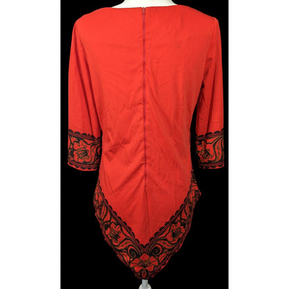 Vintage 70s Miss Shaheen Red And Black Gothic Tunic Size 12