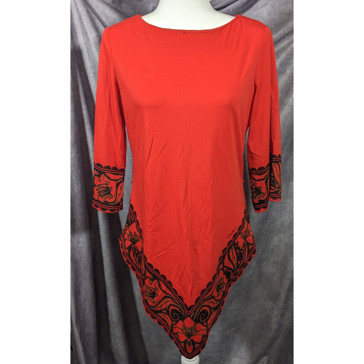 Vintage 70s Miss Shaheen Red And Black Gothic Tunic Size 12