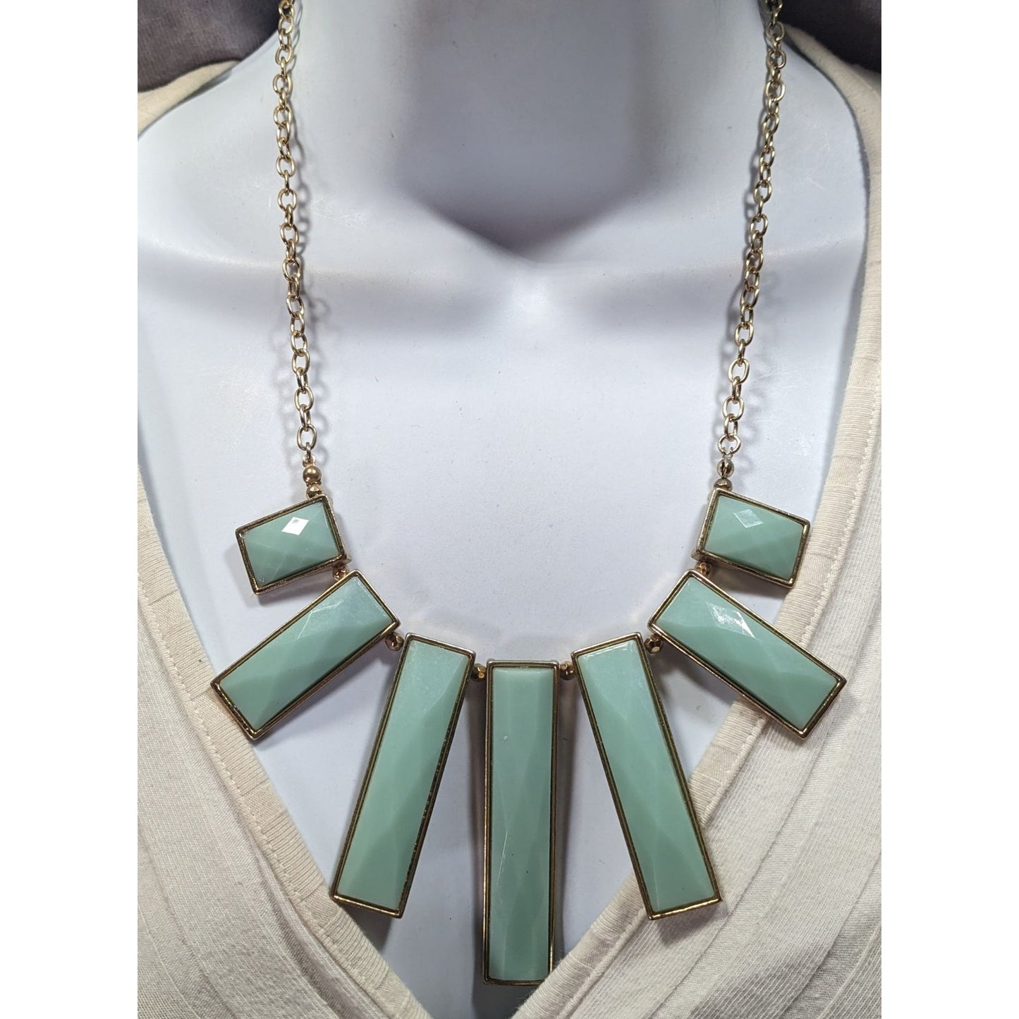 Graduated Pillar Bib Necklace Blue Gems With Gold Tone Metal