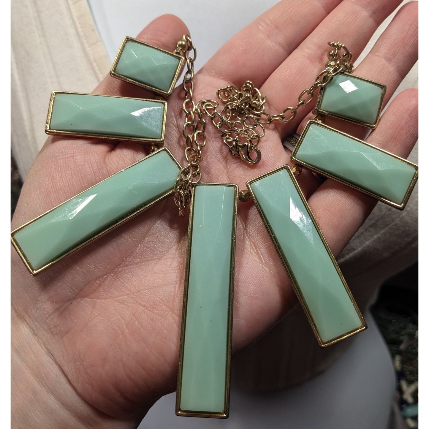 Graduated Pillar Bib Necklace Blue Gems With Gold Tone Metal