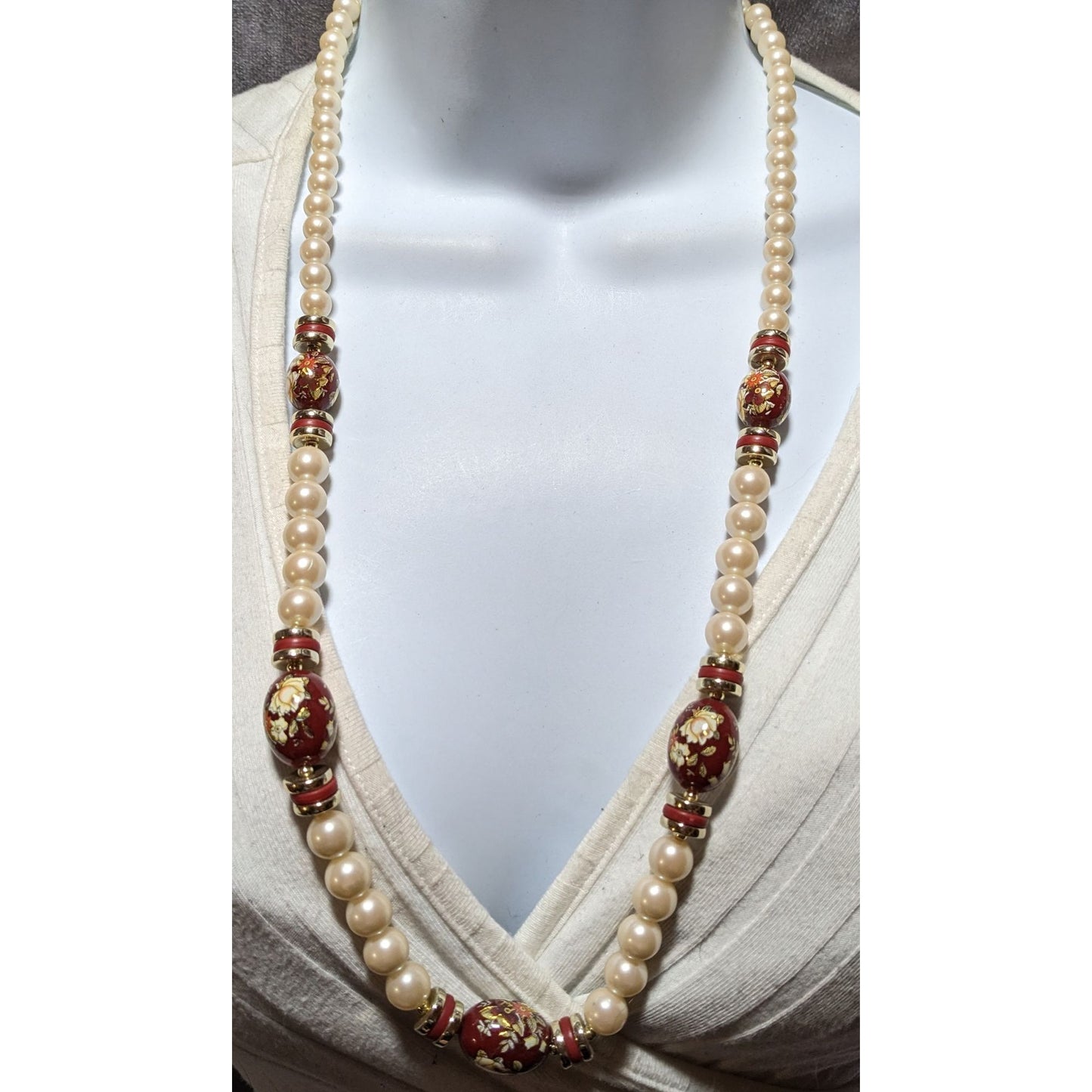 Vintage Cream And Red Pearl Floral Necklace