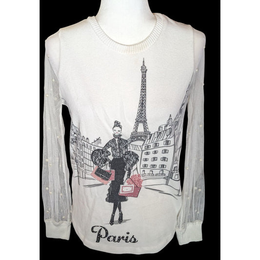 Love + Lace Paris Themed Top With Sheer Sleeves And Faux Pearl Accents