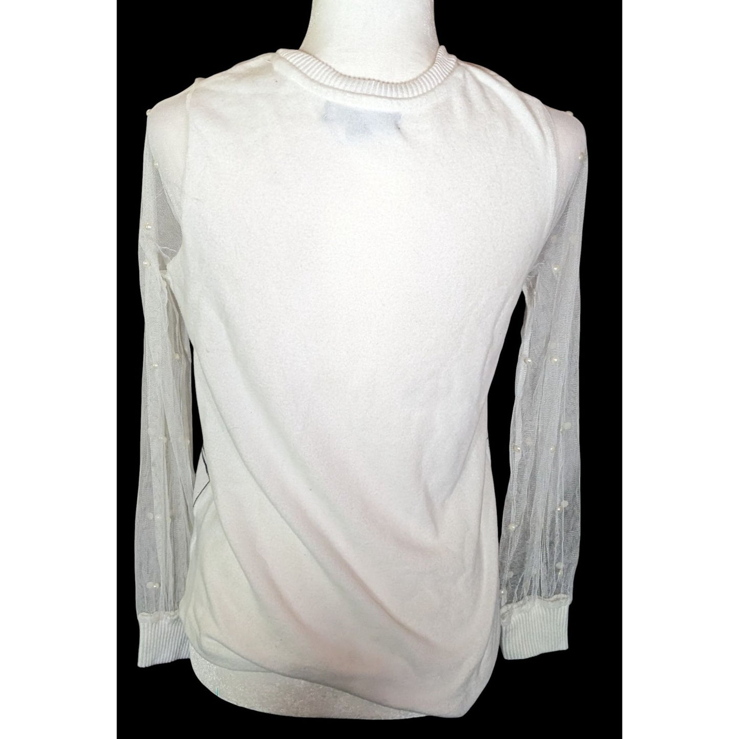 Love + Lace Paris Themed Top With Sheer Sleeves And Faux Pearl Accents