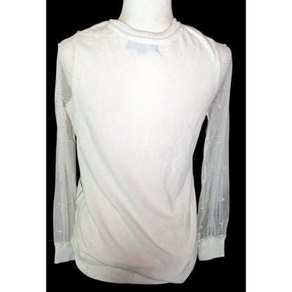 Love + Lace Paris Themed Top With Sheer Sleeves And Faux Pearl Accents