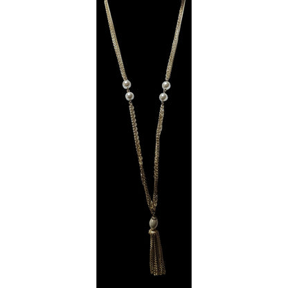 Gold Glam Pearl Beaded Chain Tassel Necklace