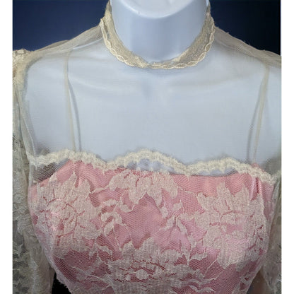 Vintage Handmade Pink Satin White Lace Floral Dress