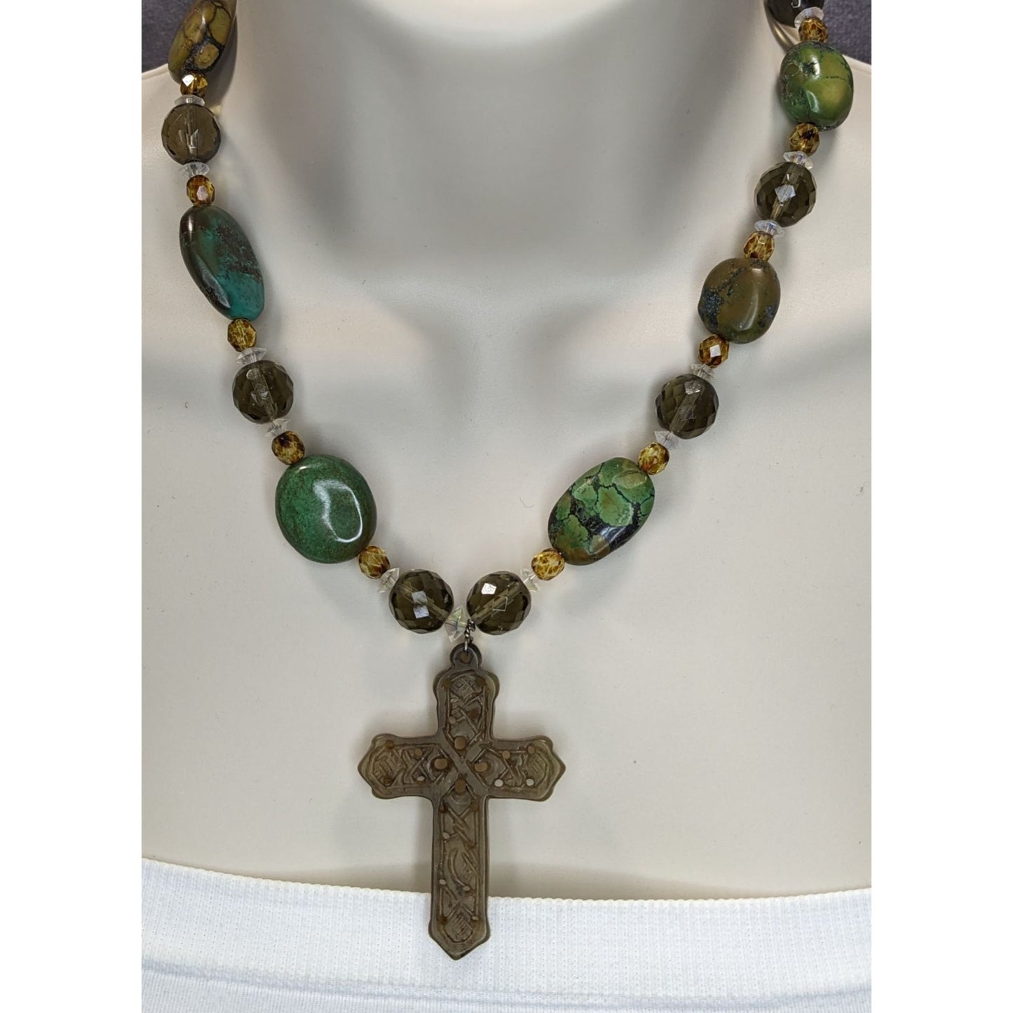 Vintage Handmade Cross Pendant Necklace Green Stone Beaded Sterling Silver Clasp Boho Statement