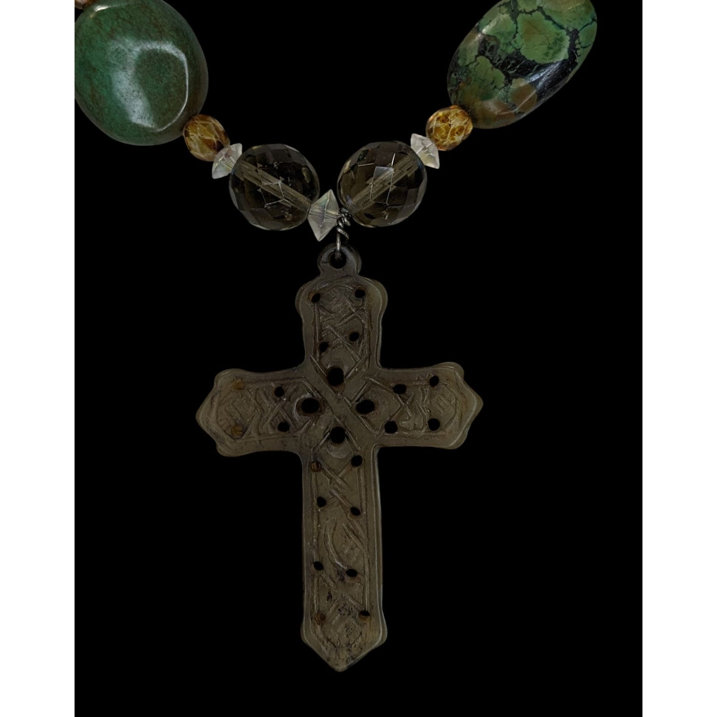 Vintage Handmade Cross Pendant Necklace Green Stone Beaded Sterling Silver Clasp Boho Statement