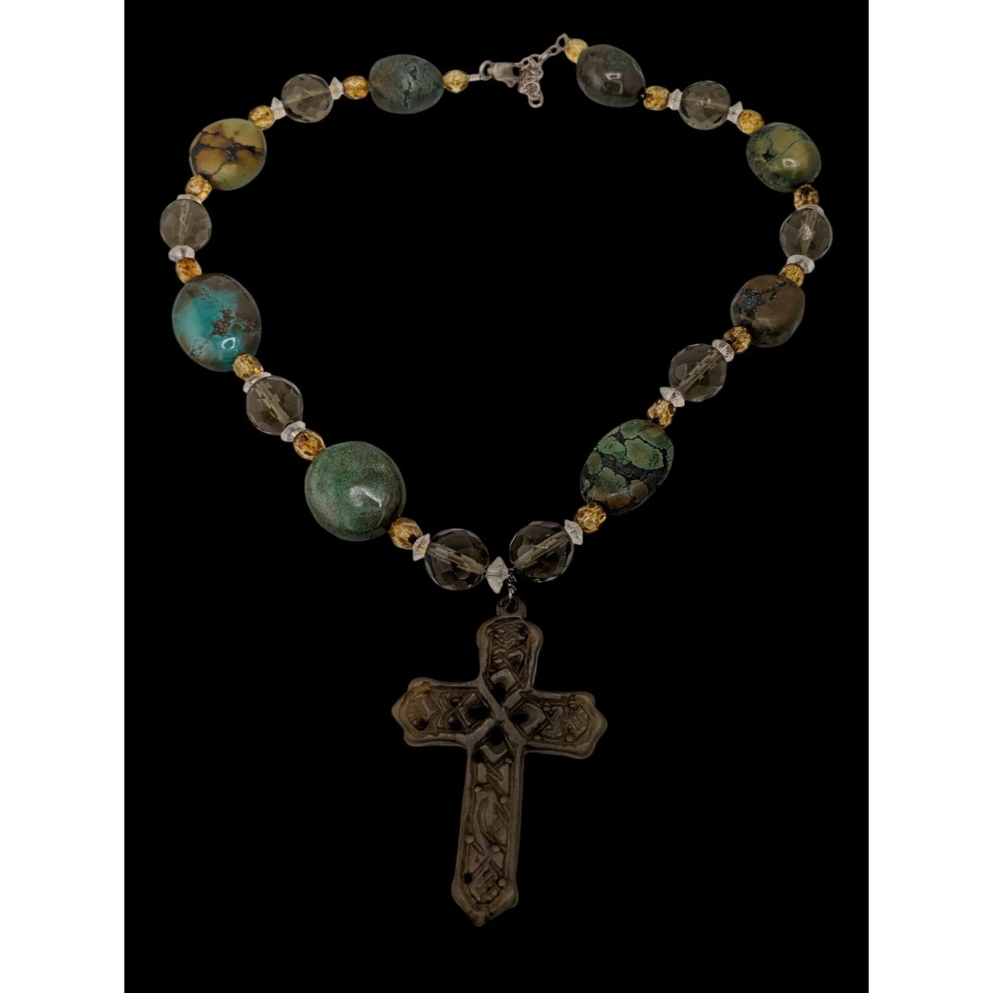 Vintage Handmade Cross Pendant Necklace Green Stone Beaded Sterling Silver Clasp Boho Statement