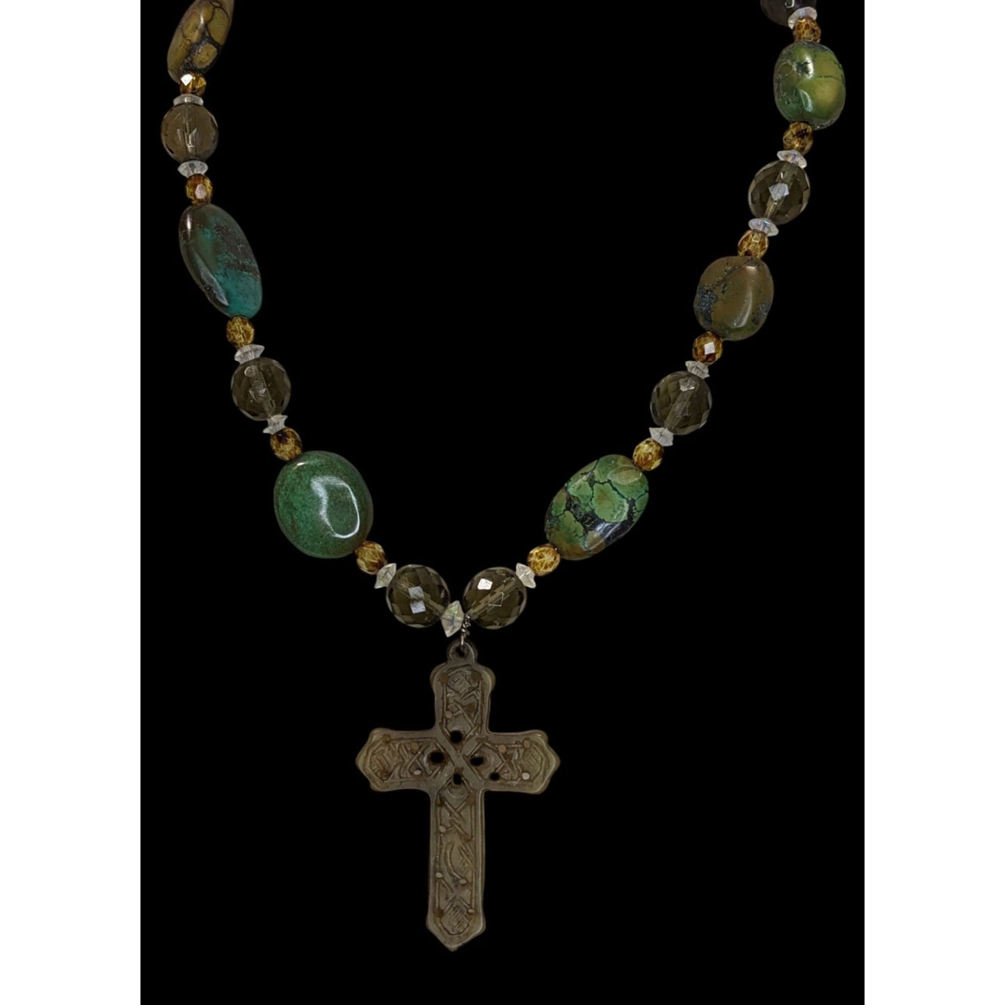 Vintage Handmade Cross Pendant Necklace Green Stone Beaded Sterling Silver Clasp Boho Statement
