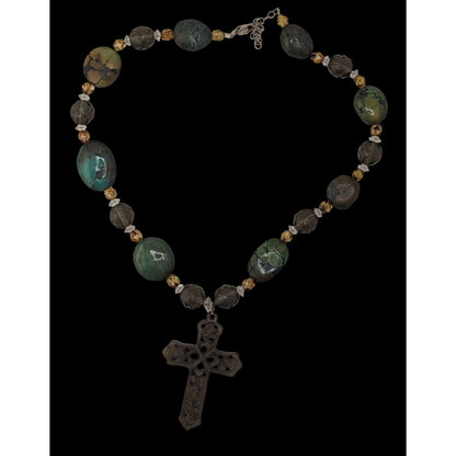Vintage Handmade Cross Pendant Necklace Green Stone Beaded Sterling Silver Clasp Boho Statement