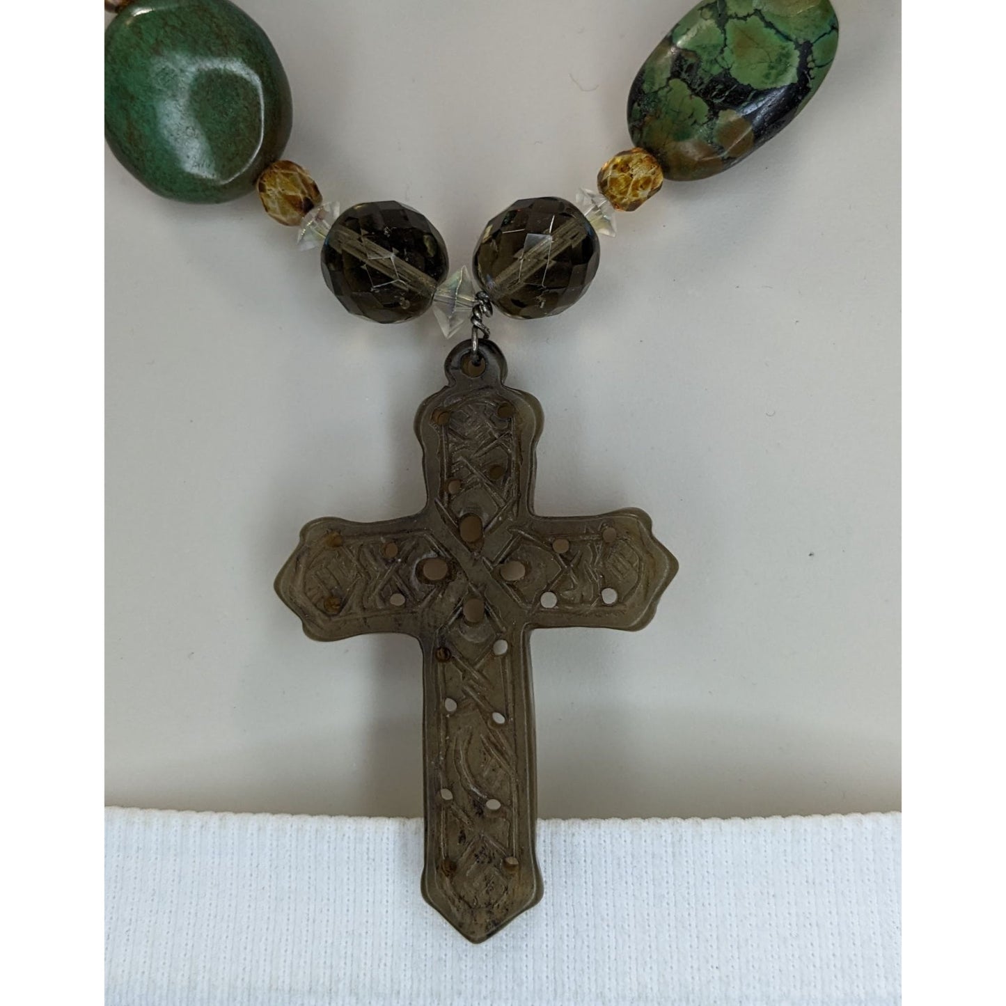 Vintage Handmade Cross Pendant Necklace Green Stone Beaded Sterling Silver Clasp Boho Statement