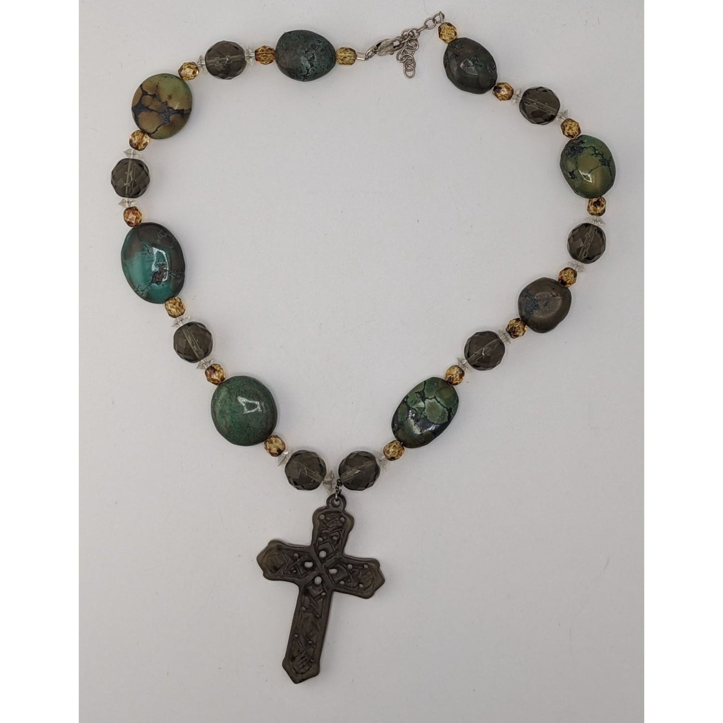 Vintage Handmade Cross Pendant Necklace Green Stone Beaded Sterling Silver Clasp Boho Statement